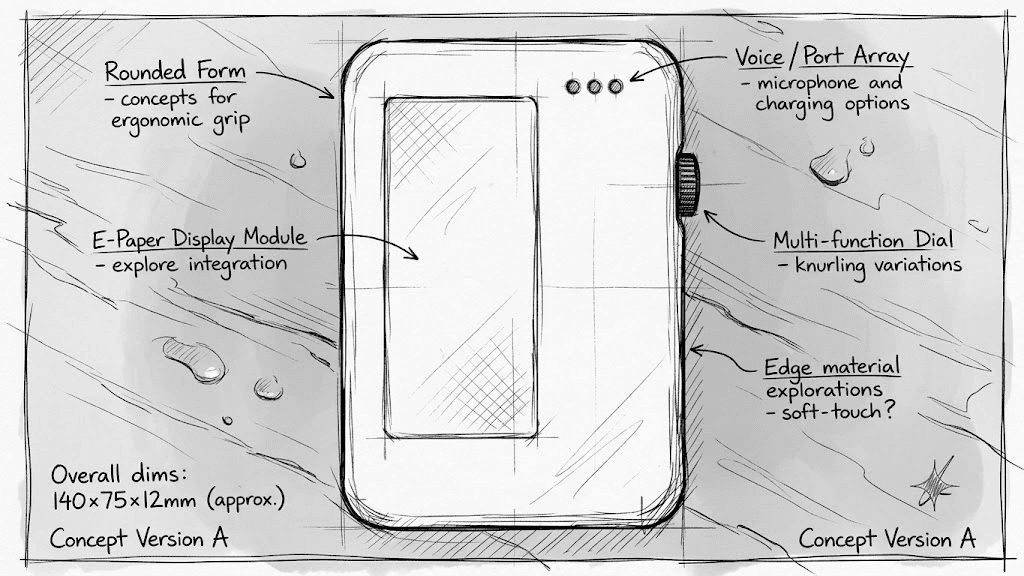 Early Loup concept sketch with dial and e-paper notes