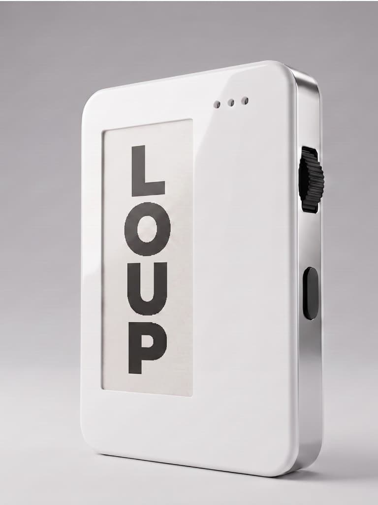 Loup — LOUP wordmark on e-ink face